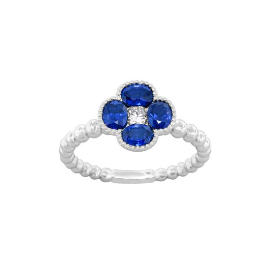 18K White Gold Oval Sapphire and Round Diamond Cluster on a Polished Bead Band