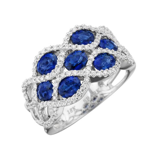 18K White Gold Oval Sapphire and Round Diamond Fashion Ring