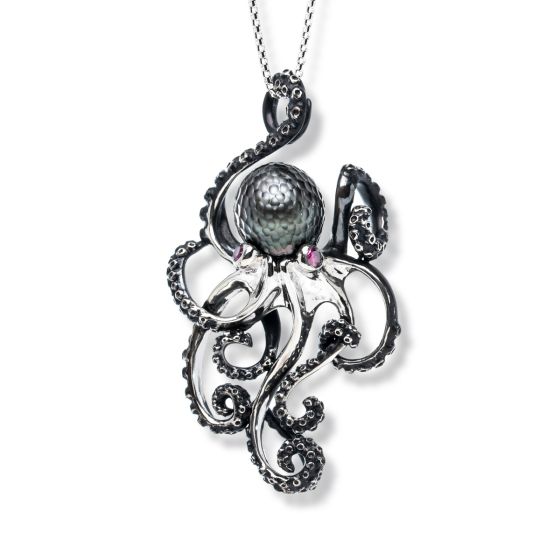 Sterling Silver Octopus Pendant, with a Tahitian Pearl Head Set with Ruby Eyes
