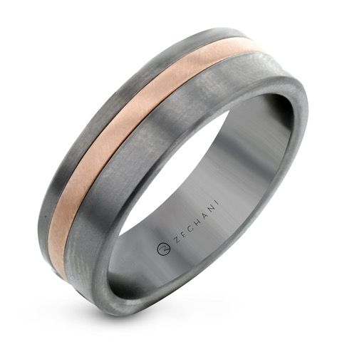 Zirconium/14K Rose Gold 7mm wide Inlayed Wedding Band