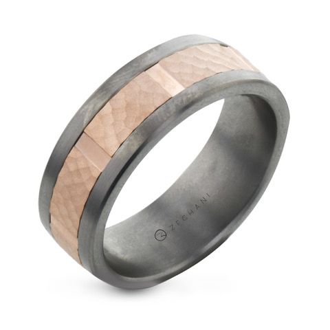 Zirconium/14K Rose Gold 8mm wide Hammered Finish Inlayed Wedding Band